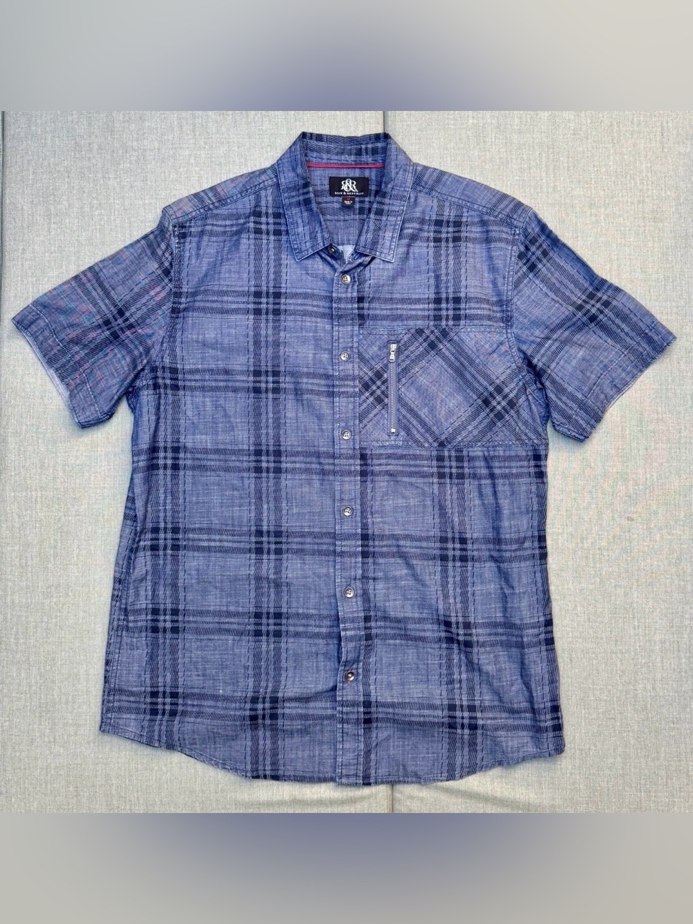 Rock & Republic Men Plaid Button Down Shirt Short Sleeve Zipper Pocket Blue M